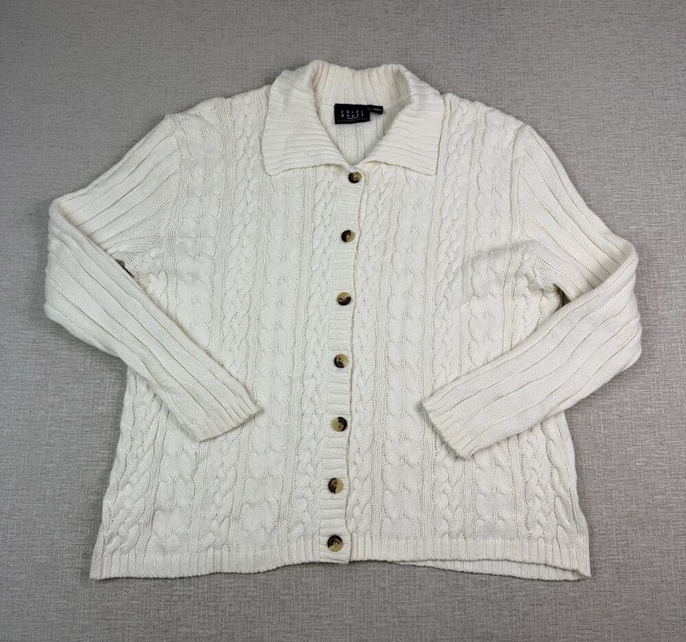 Crazy Horse Liz Claiborne Women’s XL Cable Knit Cotton Cardigan Sweater Cream